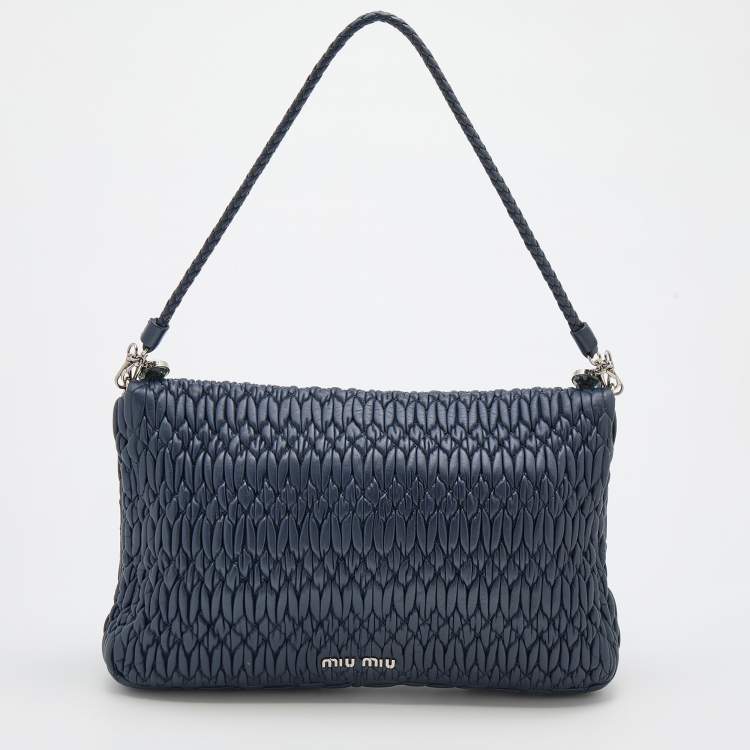 Pre Owned Miu Miu Navy Blue Matelassé Leather Turnlock Flap Shoulder Bag