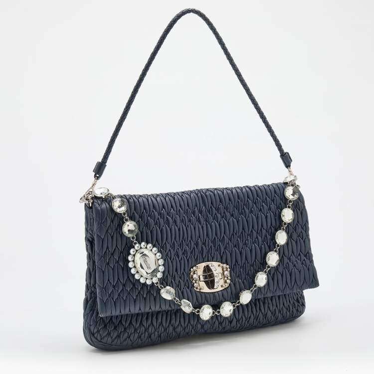 Pre Owned Miu Miu Navy Blue Matelassé Leather Turnlock Flap Shoulder Bag
