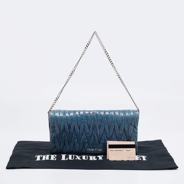 Pre Owned Miu Miu Blue Matelasse Leather Flap Wallet on Chain