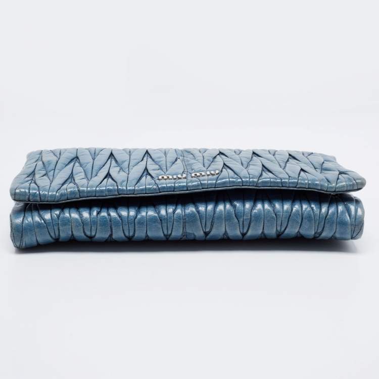 Pre Owned Miu Miu Blue Matelasse Leather Flap Wallet on Chain