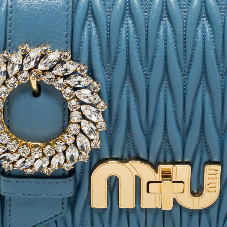 Pre Owned Miu Miu Blue Leather Matelasse Crystal Shoulder Bag