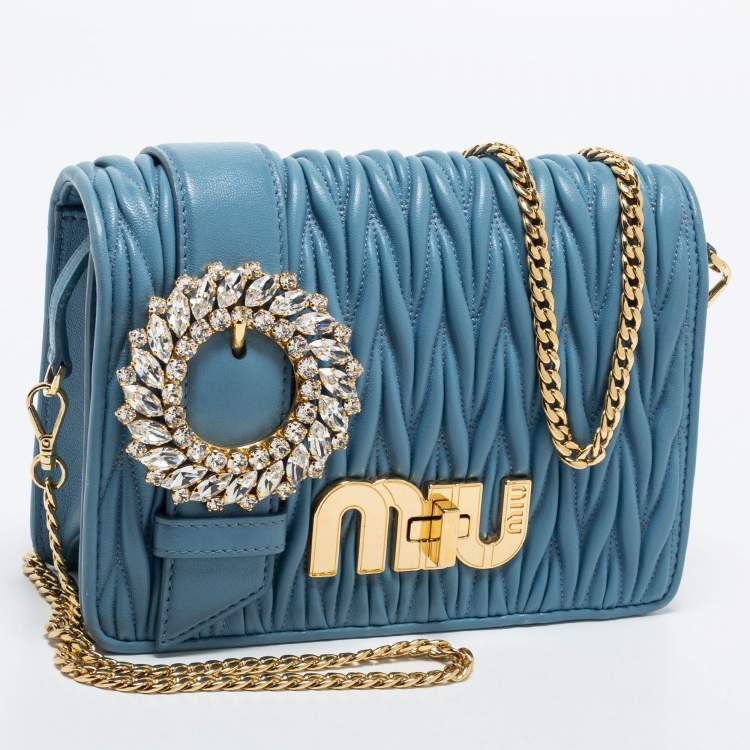 Pre Owned Miu Miu Blue Leather Matelasse Crystal Shoulder Bag