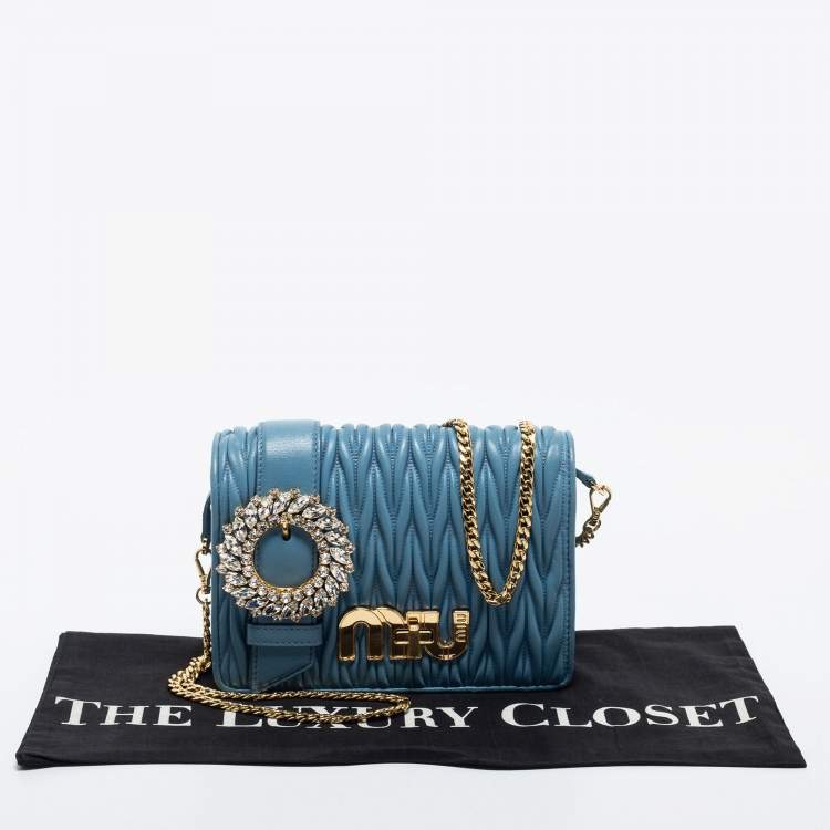 Pre Owned Miu Miu Blue Leather Matelasse Crystal Shoulder Bag