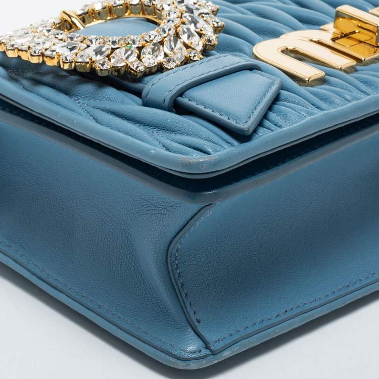 Pre Owned Miu Miu Blue Leather Matelasse Crystal Shoulder Bag