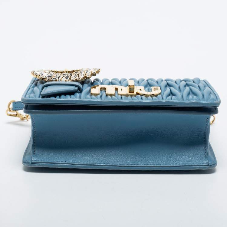 Pre Owned Miu Miu Blue Leather Matelasse Crystal Shoulder Bag