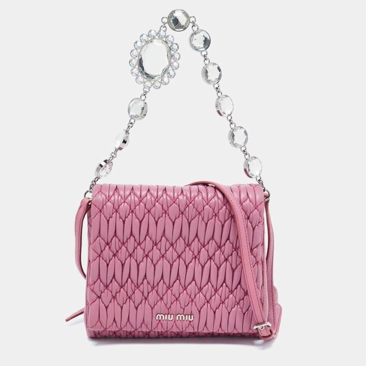 Pre Owned Miu Miu Bubble Gum Matelasse Leather Crystal Crossbody Bag