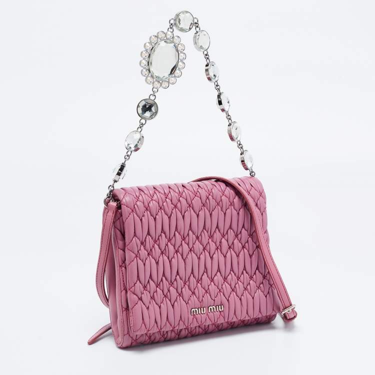 Pre Owned Miu Miu Bubble Gum Matelasse Leather Crystal Crossbody Bag