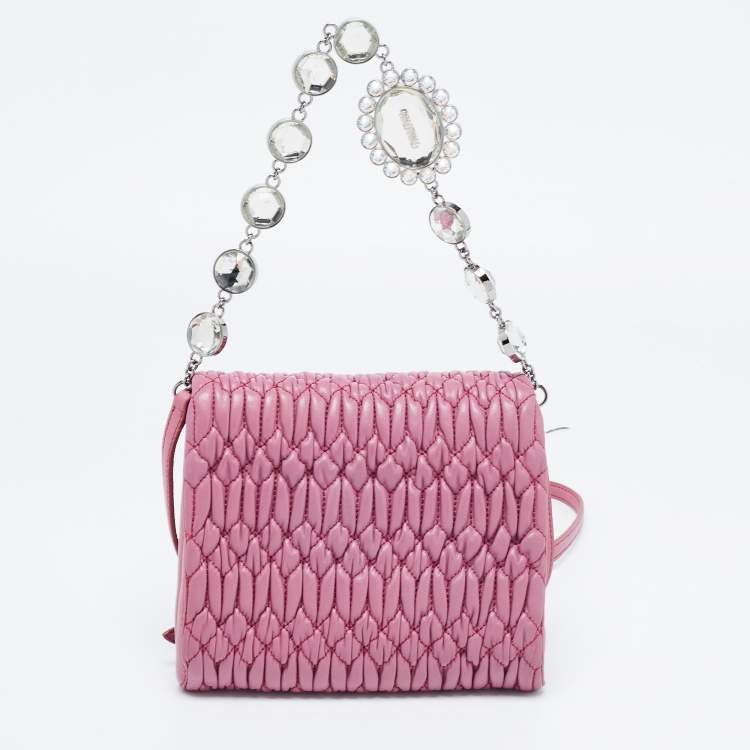 Pre Owned Miu Miu Bubble Gum Matelasse Leather Crystal Crossbody Bag