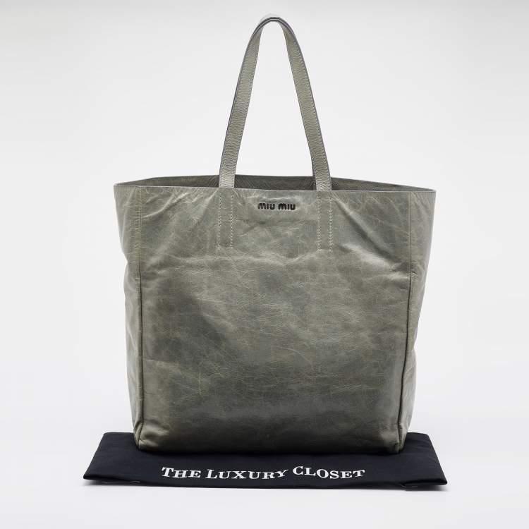 Pre Owned Miu Miu Pastel Green Leather Shopper Tote