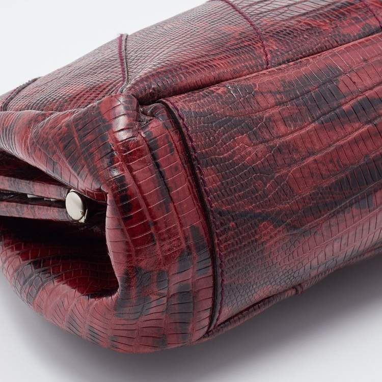 Pre Owned Miu Miu Burgundy Lizard Embossed Leather Kiss Lock Shoulder Bag