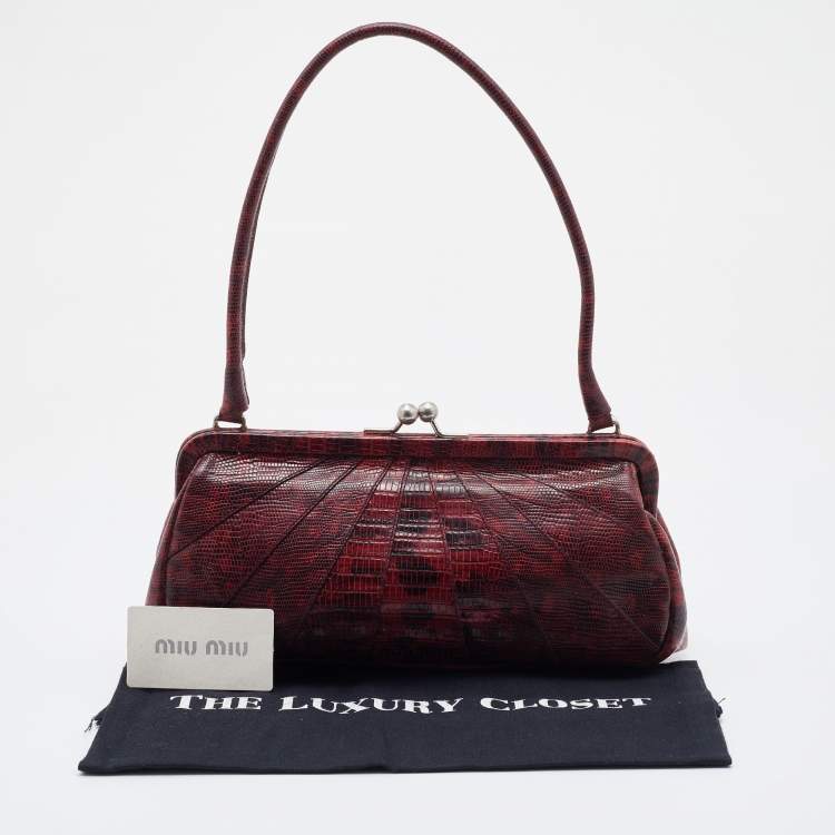 Pre Owned Miu Miu Burgundy Lizard Embossed Leather Kiss Lock Shoulder Bag