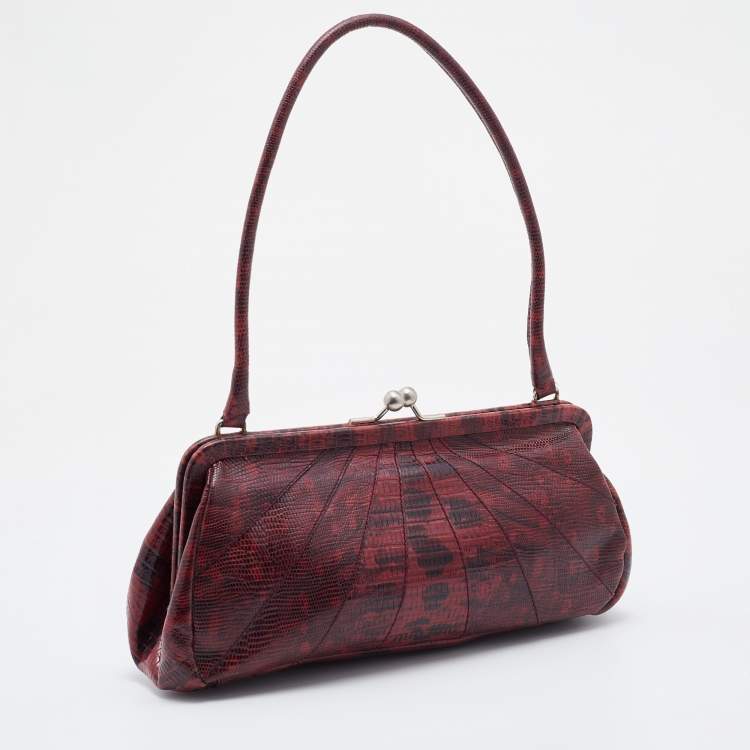 Pre Owned Miu Miu Burgundy Lizard Embossed Leather Kiss Lock Shoulder Bag