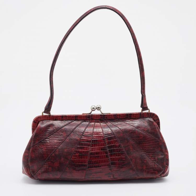 Pre Owned Miu Miu Burgundy Lizard Embossed Leather Kiss Lock Shoulder Bag