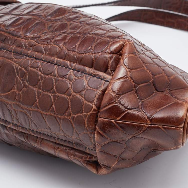 Pre Owned Miu Miu Brown Croc Embossed Leather Frame Shoulder Bag
