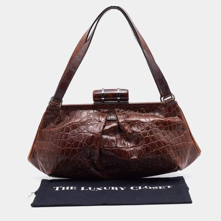 Pre Owned Miu Miu Brown Croc Embossed Leather Frame Shoulder Bag