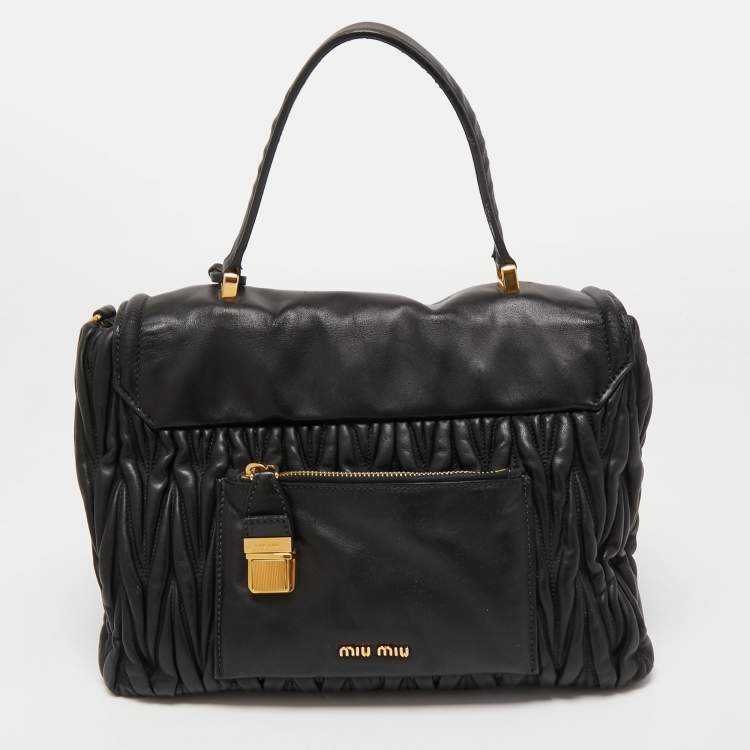 Pre Owned Miu Miu Black Matelassé Leather Push Lock Flap Top Handle Bag