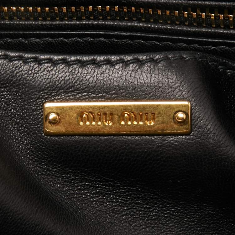 Pre Owned Miu Miu Black Matelassé Leather Push Lock Flap Top Handle Bag