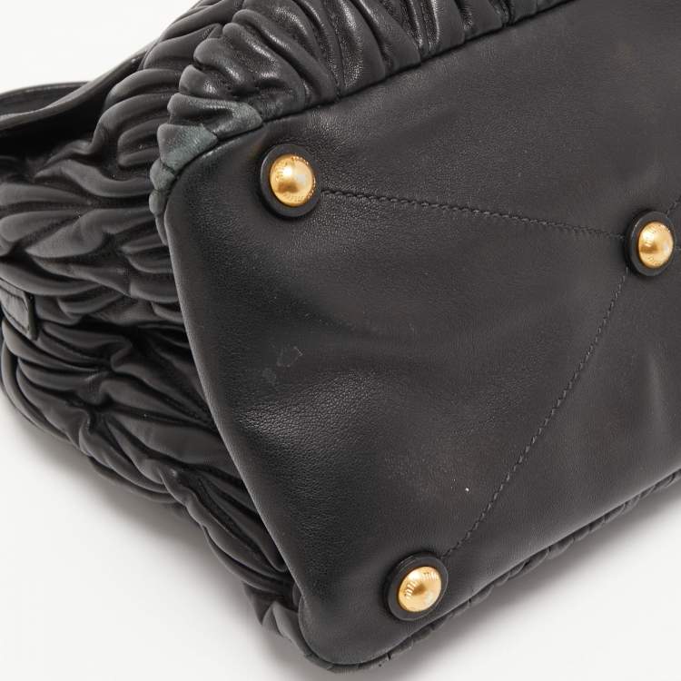 Pre Owned Miu Miu Black Matelassé Leather Push Lock Flap Top Handle Bag