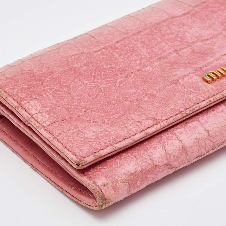 Pre Owned Miu Miu Pink Croc Embossed Patent Leather Flap Continental Wallet