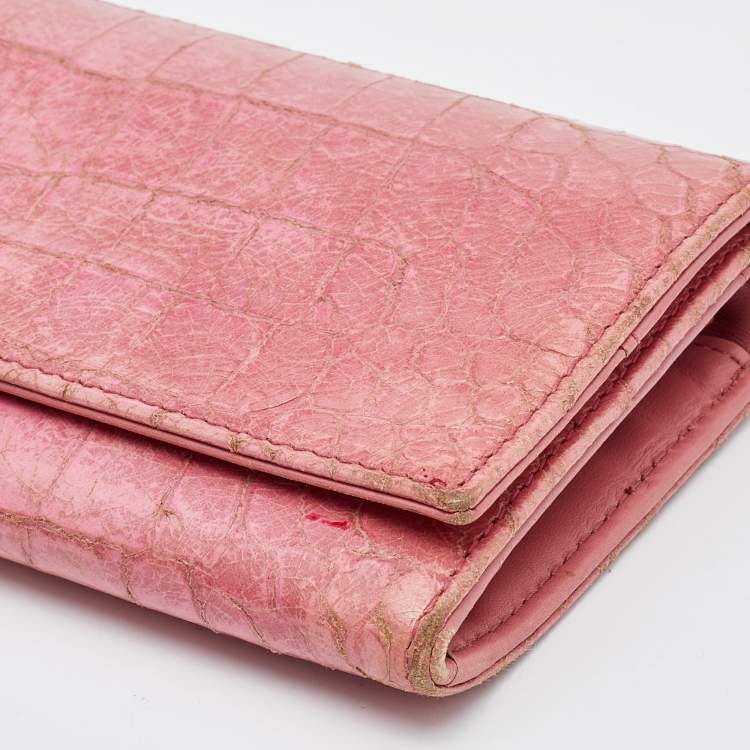 Pre Owned Miu Miu Pink Croc Embossed Patent Leather Flap Continental Wallet