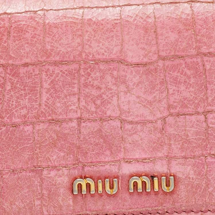 Pre Owned Miu Miu Pink Croc Embossed Patent Leather Flap Continental Wallet