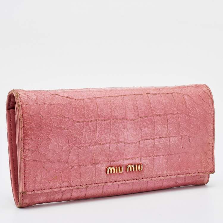 Pre Owned Miu Miu Pink Croc Embossed Patent Leather Flap Continental Wallet