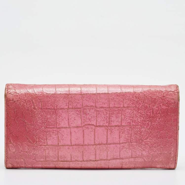 Pre Owned Miu Miu Pink Croc Embossed Patent Leather Flap Continental Wallet