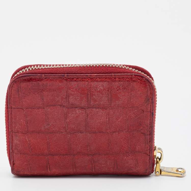 Pre Owned Miu Miu Red Croc Embossed Leather Compact Zip Around Wallet