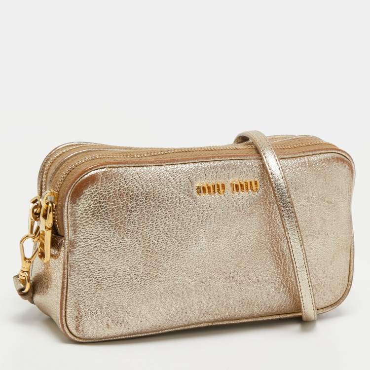 Pre Owned Miu Miu Gold Leather Double Zip Camera Crossbody Bag