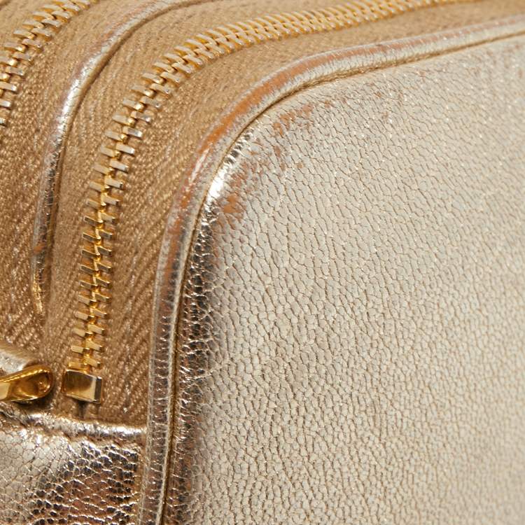 Pre Owned Miu Miu Gold Leather Double Zip Camera Crossbody Bag