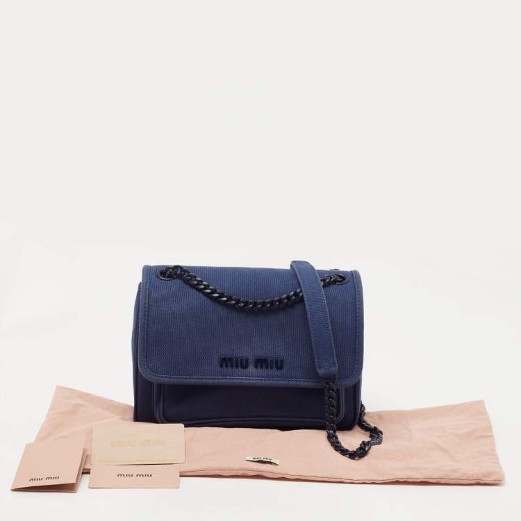 Pre Owned Miu Miu Blue Canapa Canvas Flap Chain Shoulder Bag
