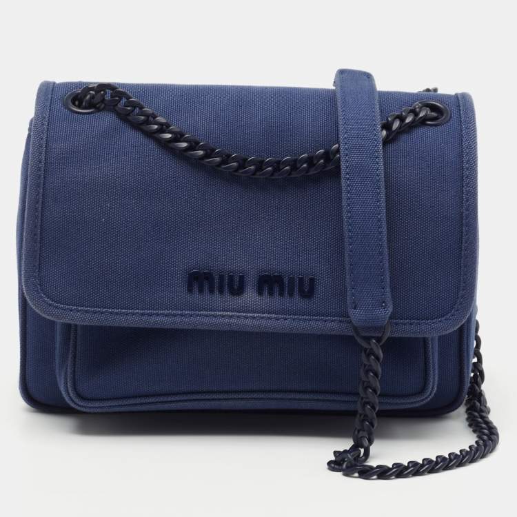 Pre Owned Miu Miu Blue Canapa Canvas Flap Chain Shoulder Bag