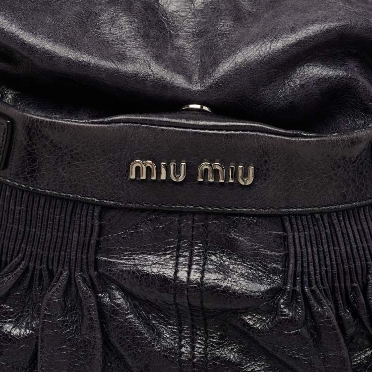Pre Owned  Miu Miu Dark Blue Crinkled Leather Gathered Hobo