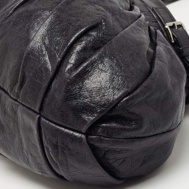 Pre Owned  Miu Miu Dark Blue Crinkled Leather Gathered Hobo