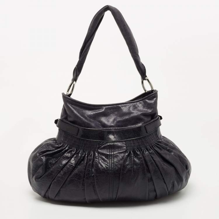 Pre Owned  Miu Miu Dark Blue Crinkled Leather Gathered Hobo