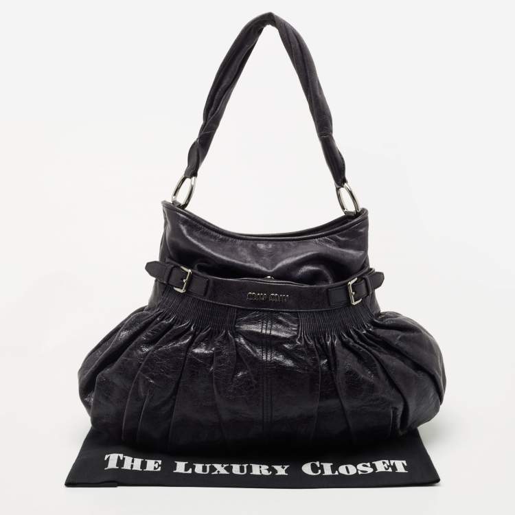 Pre Owned  Miu Miu Dark Blue Crinkled Leather Gathered Hobo