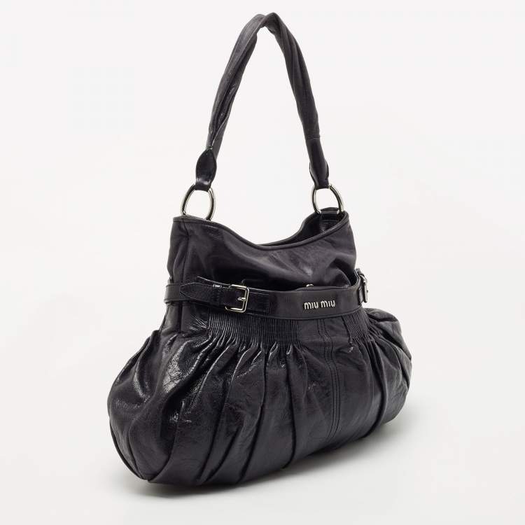Pre Owned  Miu Miu Dark Blue Crinkled Leather Gathered Hobo