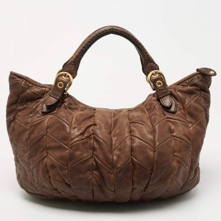 Pre Owned Miu Miu Brown Matelasse Leather Tote