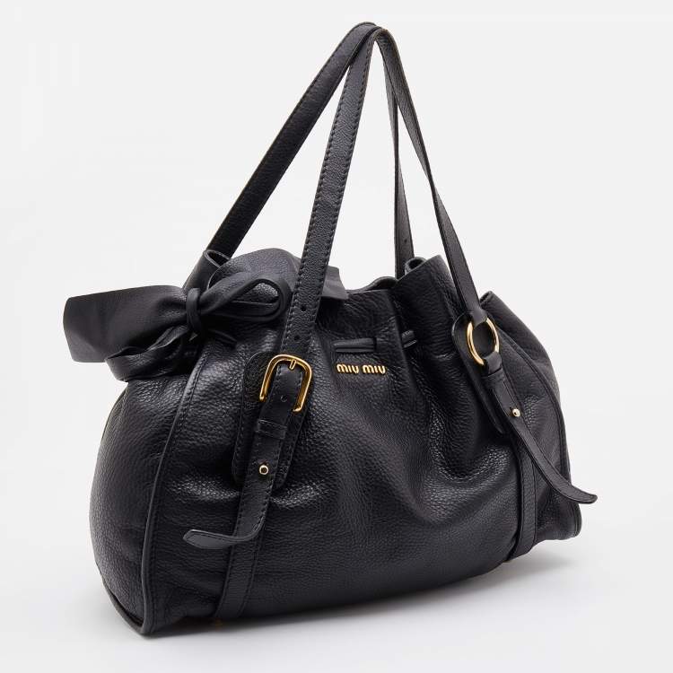 Pre Owned Miu Miu Black Grained Leather Drawstring Tote
