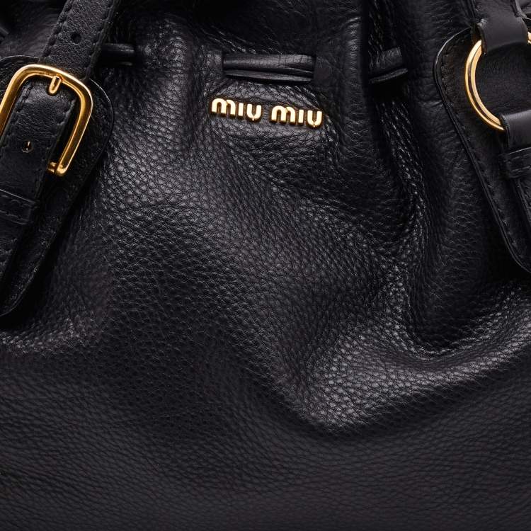 Pre Owned Miu Miu Black Grained Leather Drawstring Tote
