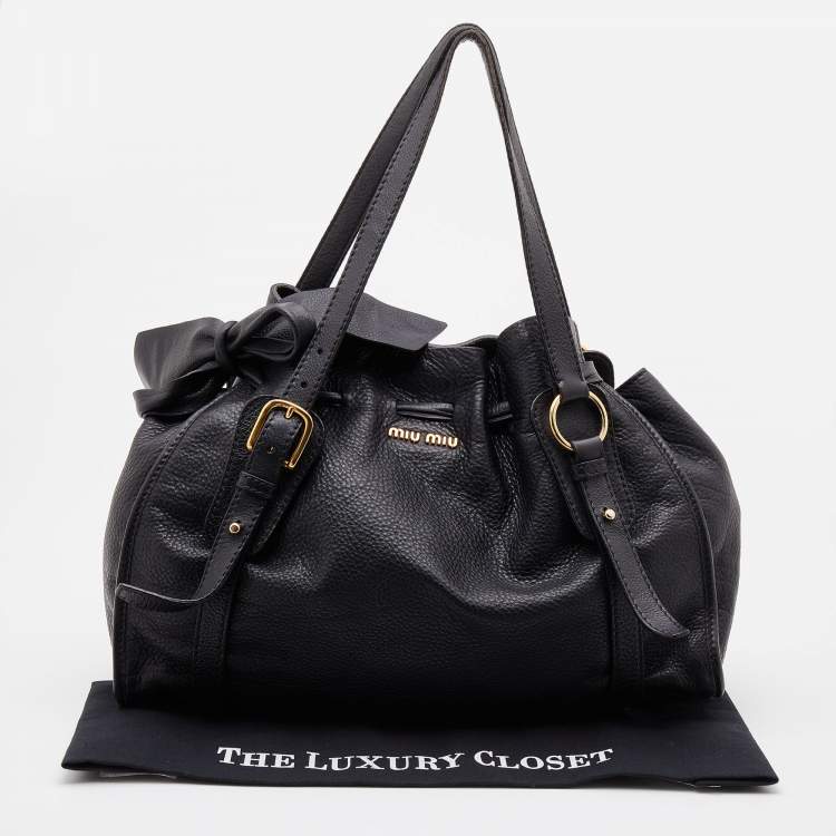 Pre Owned Miu Miu Black Grained Leather Drawstring Tote