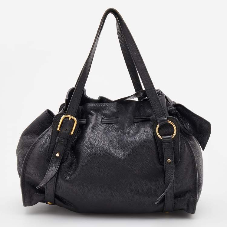Pre Owned Miu Miu Black Grained Leather Drawstring Tote