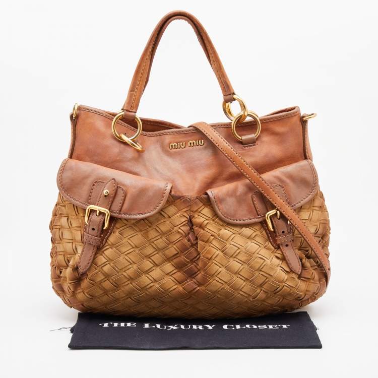 Pre Owned Miu Miu Brown Woven Suede and Leather Satchel