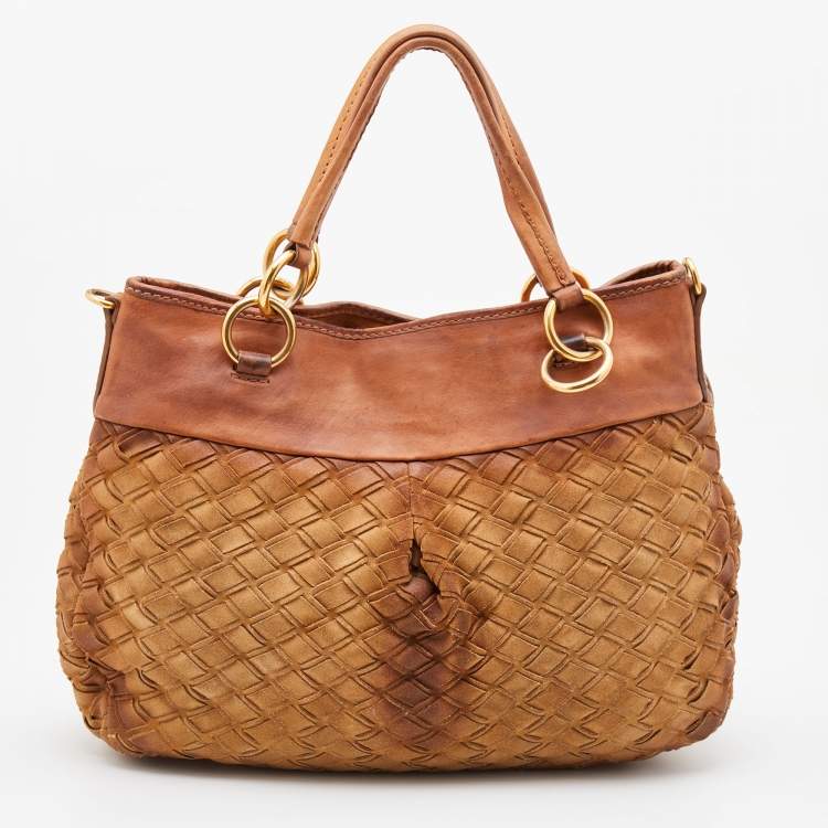 Pre Owned Miu Miu Brown Woven Suede and Leather Satchel