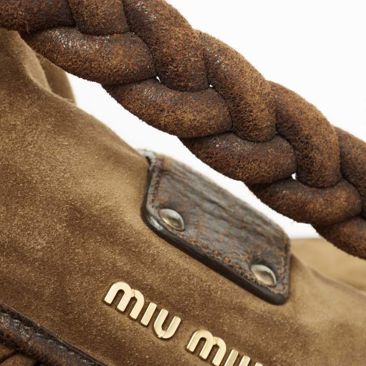 Pre Owned Miu Miu Brown Matelassé Suede Coffer Hobo