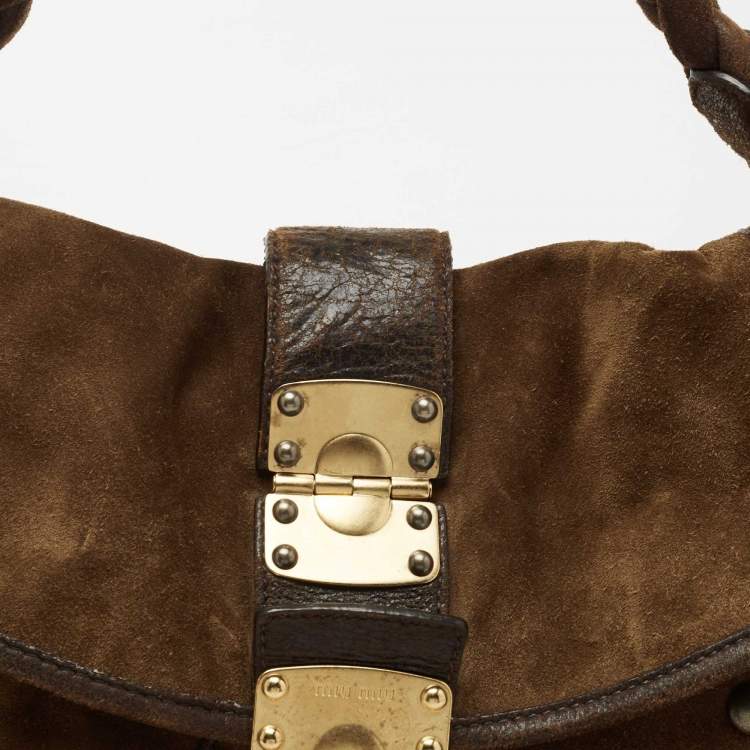 Pre Owned Miu Miu Brown Matelassé Suede Coffer Hobo