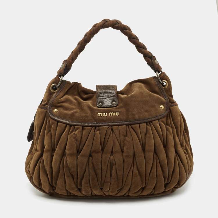 Pre Owned Miu Miu Brown Matelassé Suede Coffer Hobo