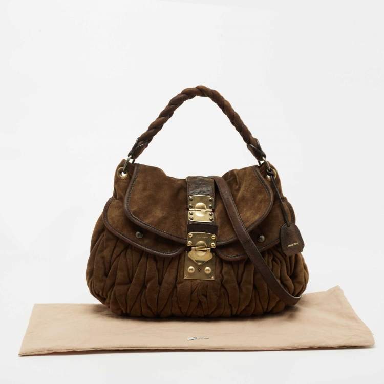 Pre Owned Miu Miu Brown Matelassé Suede Coffer Hobo