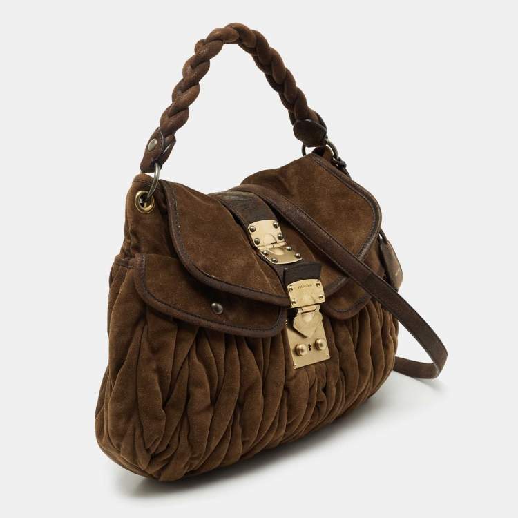 Pre Owned Miu Miu Brown Matelassé Suede Coffer Hobo