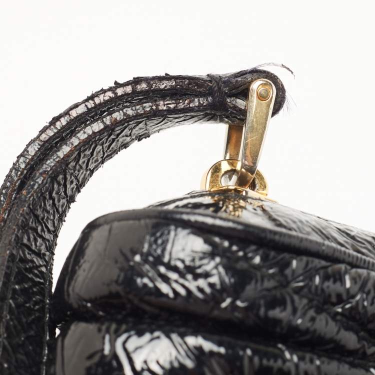 Pre Owned Miu Miu Black Matelassé Patent Leather Zip Wristlet Pouch